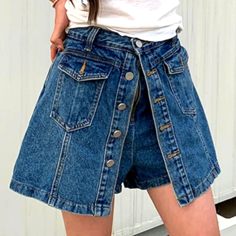 AB Denim Button Fly Jean Skort 100% Cotton Med Blue Wash Summer Shorts Size M